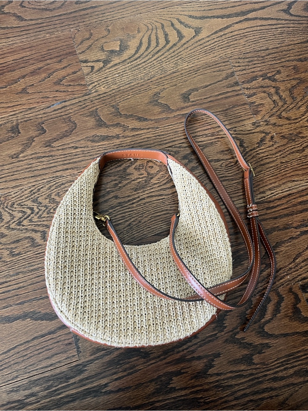 STAUD Raffia Mini Moon Bag Woven Crescent Crossbody with Brown Leather Trim